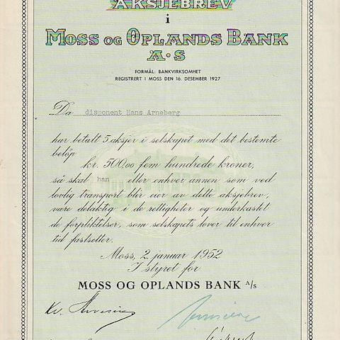 AKSJEBREV - MOSS OG OPLANDS BANK-MOSS  1952