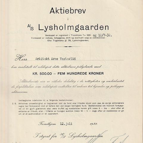 AKSJEBREV  LYSHOLMGAARDEN  TRONDHJEM  1932