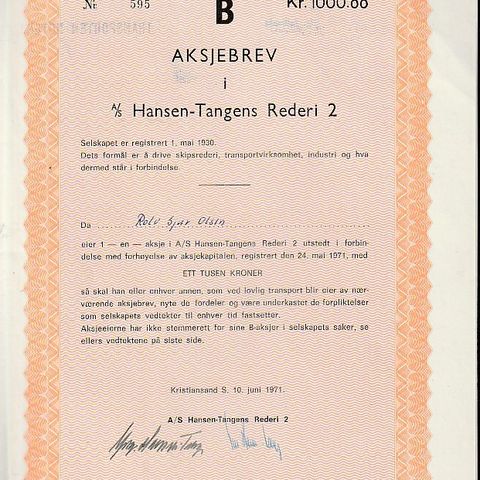 AKSJEBREV- HANSEN-TANGENS REDERI 2 - KRISTIANSAND  1971