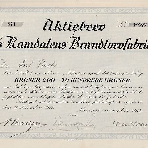 AKSJEBREV - NAMDALENS  BRÆNDTORVFABRIK- NAMSOS  1918