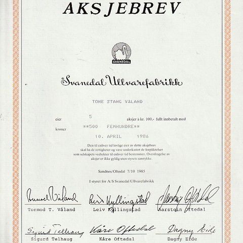 AKSJEBREV - SVANEDAL ULDVAREFABRIK - SANDNES/OLTEDAL-  1985