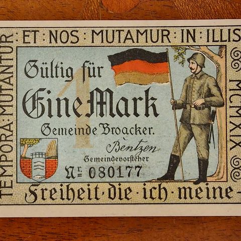 Tysk 1 Mark (1919) Antikk UNC Nødseddel