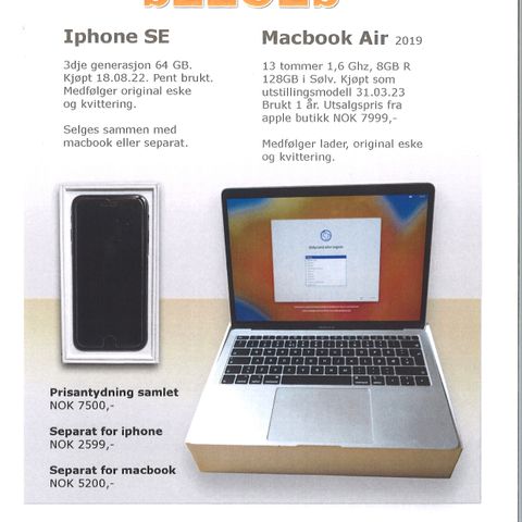 Pent brukt Macbook air 2019 og Iphone Se3 Selges