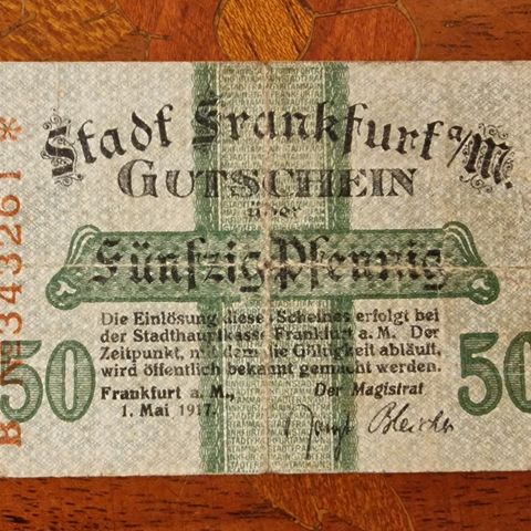 Tysk 50 Pfennig (1917) City of Frankfurt am Main Nødseddel