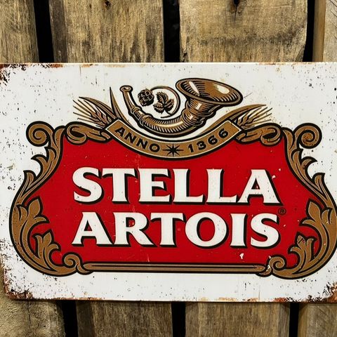 Stella Artois Øl/Beer: Skilt I Tynnmetall 20X30 cm. Bar, Man Cave, Garasje