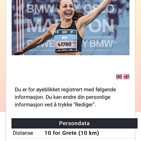 Plass på Oslo Maraton (10 km) - 10 for Grete