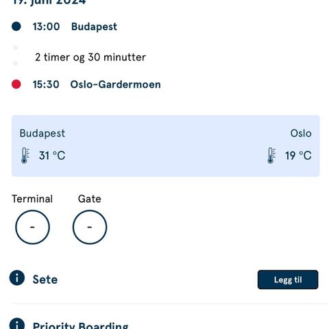 To flybilletter - Norwegian direktefly Budapest-Oslo, 19. Juni kl 13:00