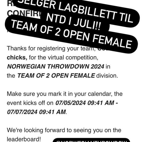 Norwegian throwdown billett lag female/female