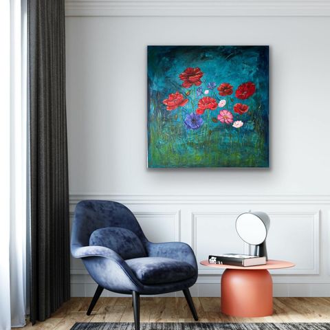 Akrylmaleriet "Valmuer og anemoner" 90x90x4 cm