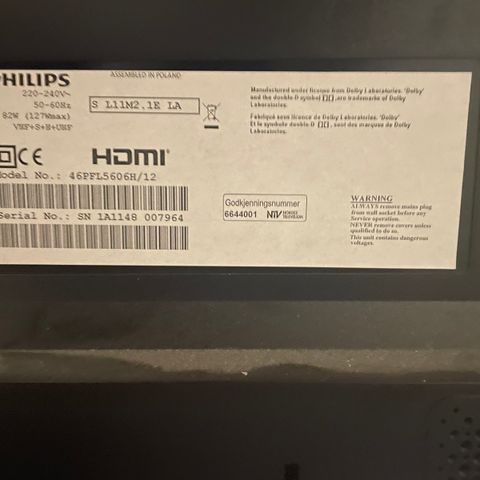 Philips TV 46 tommer 100 hz 1080 full HD lite brukt, står bare i bod