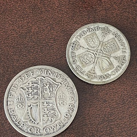 1/2 Crown 1928 og Florin 1933 England sølvmynter
