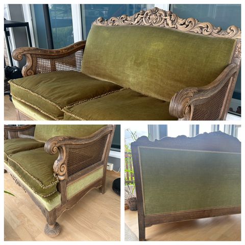 Klassisk sofa med rotting i sidene og pene utskjæringer