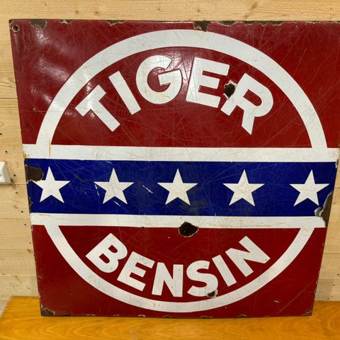 Vintage TIGER BENSIN emaljeskilt. INGEN minstepris. Kan sendes.