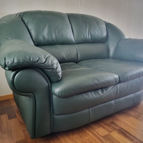 2-seters sofa i mørkegrønt skinn.