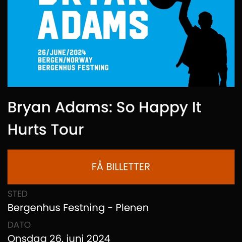 2 biletter Bryan Adams , Bergen onsdag 26 juni