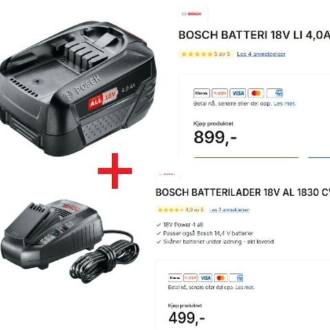 Bosch 18V 4Ah Batteri og batterilader NYTT i eske m full garanti