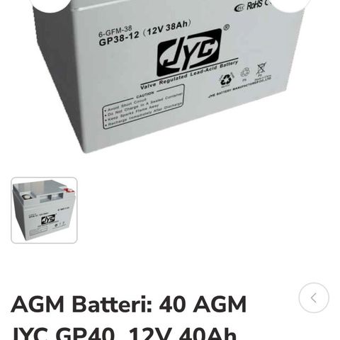 40 AGM JYC GP40 batteri, nødbatteri, hyttebatteri, båtbatteri