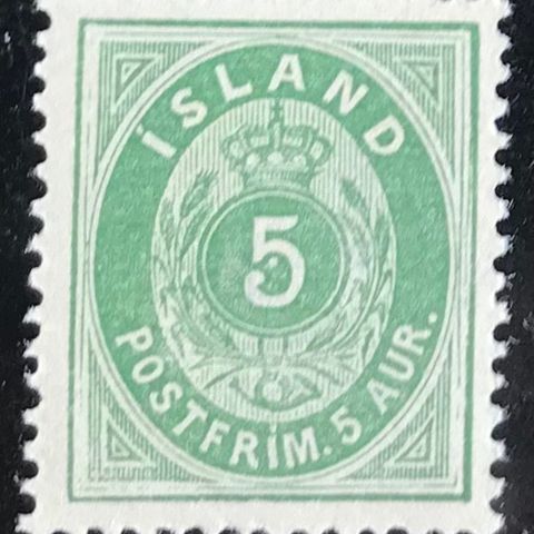 Island frimerker postfrisk, afa 13 **, 5 aur oval  grønn 1882, meget pent
