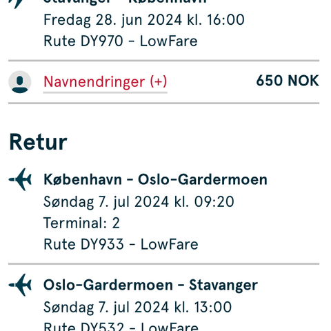 Flybilletter Stavanger-København (tur-retur)