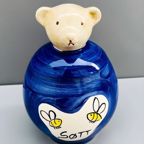 Krukke med lokk i keramikk med bjørn bier Søtt håndmalt vintage retro honning