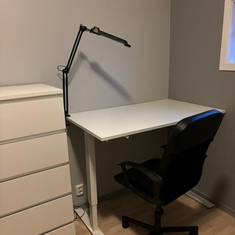 Skrivebord, kontorstol og lampe