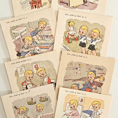 "Snild og Slem", komplett postkortserie på 8 stk