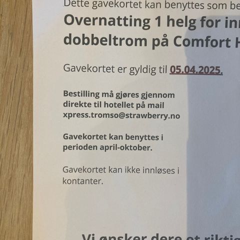 Gavekort: hotellovernatting i Tromsø
