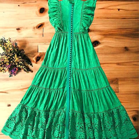 Green Lace Embroidery Hollowed Out Maxi-dress