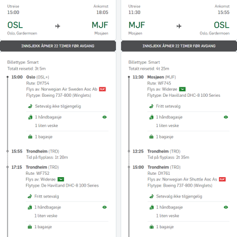 Flybilletter t/r Oslo-Mosjøen 14-26.07