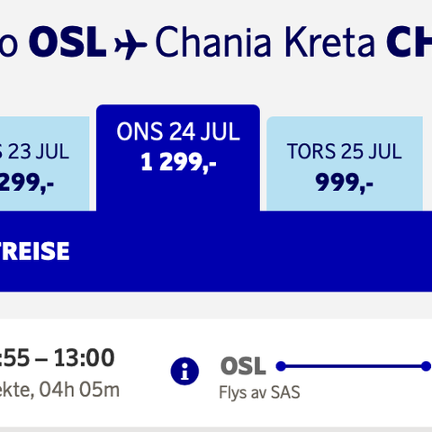 2 stk Flybiletter Direkte < Oslo - Chania >,  24. juli. Originalpris 3600kr