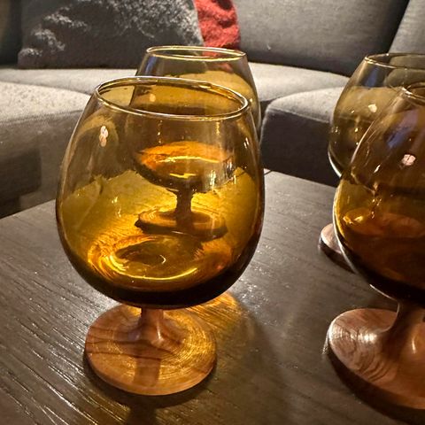 5 flotte Retro Cognac glass med Teak stett - spesielle