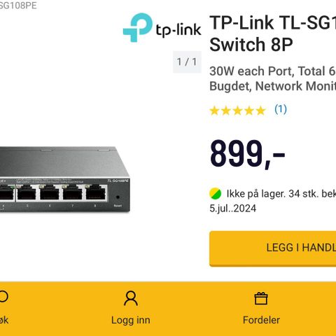 TP-Link TL-SG108PE - (PoE+) 4xPoE 64W + 4 porter uten PoE