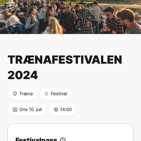 1 billett til Træna festivalen 10-14 juli med teltplass