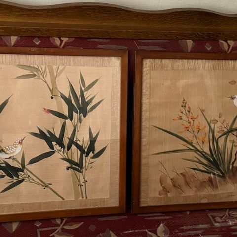 To gamle kinesiske original silk maleri,  40cm x 34cm