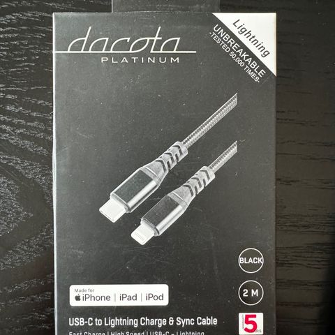 Dacota Platinum USB-C to Lightning kabel 2M, svart