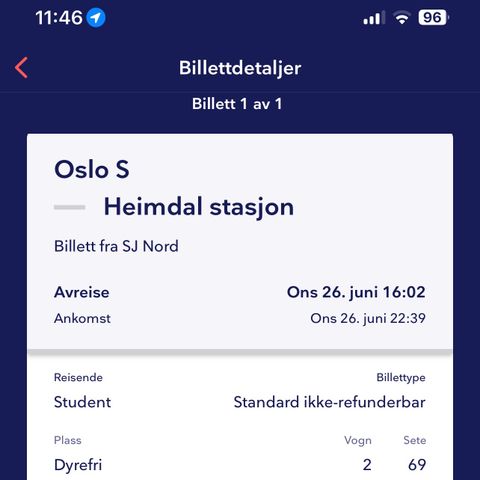 Togbillett Oslo S - Trondheim