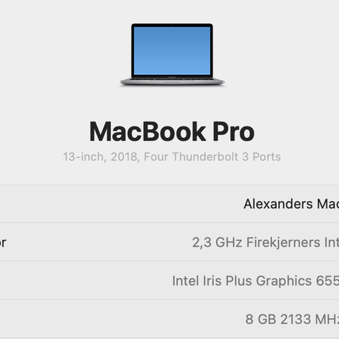 MacBook Pro 2018 13-inch Retina/touchbar 2,3 GHz 8GB RAM - 250GB