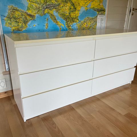 MALM Kommode 6 skuffer, hvit, 160x78 cm gis bort