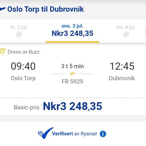 Flybillett Oslo Torp-Dubrovnik 3.juli