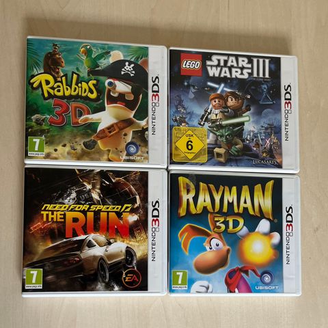 Diverse Nintendo 3DS spill: Rayman, Need for Speed, Rabbids, LEGO Star Wars