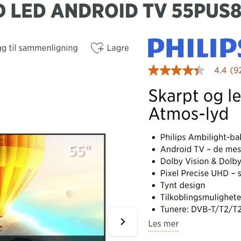 1.5 år gammel Philips 55" 4K UHD LED Android TV +  Polk Signa S2 2.1 lydplanke