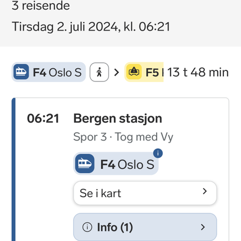 Selger togbilletter 1 voksen eller 1 voksen og 2 barn Bergen-Oslo-Kristiansand