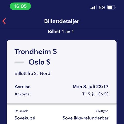 Togbillett til nattoget med sovekupe 8.juli Trondheim - Oslo