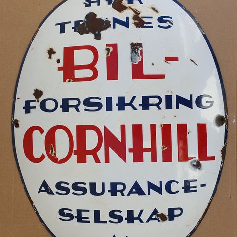 EMALJESKILT. SKILT. EMALJE SKILT. VETERAN BIL. FORSIKRING. CORNHILL. EMALJE.