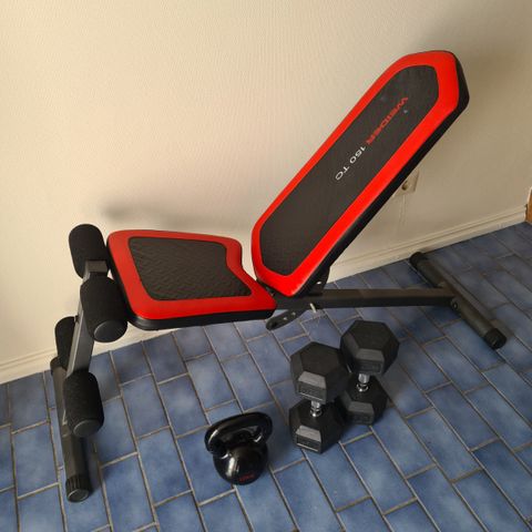 Weider 150 TC benk, manualer og kettlebell