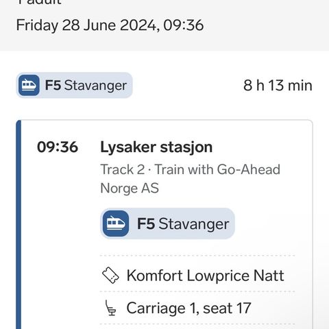 Togbillett Komfort Lysaker-Stavanger 28.06