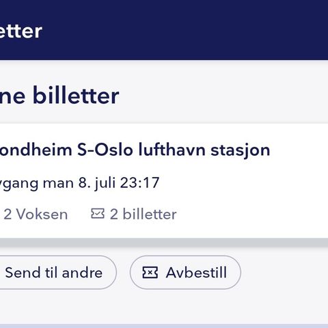 2 togbilletter Trondheim S-Oslo lufthavn