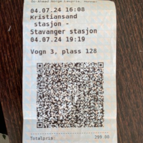 Tog bilett fra Kristiansand til Stavanger 4 juli..16.08