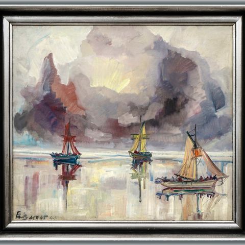 EINAR BERGER - «Nordlandsbåter» Stort oljemaleri, kr 7.500,- eller bud