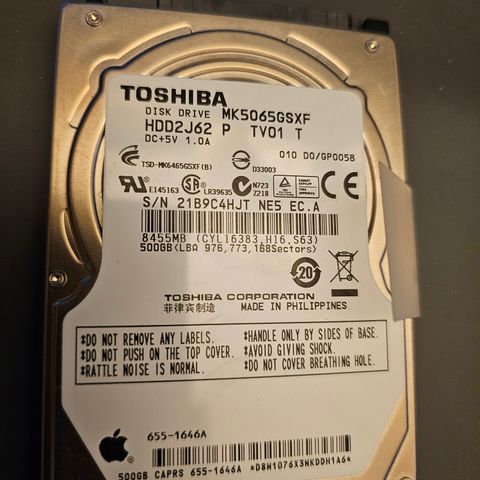 2 stk Toshiba 500 GB hdd 2,5"